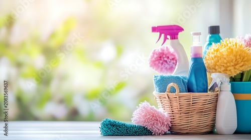 Cleaning product and basket with mop bottle and spray for cleaning services well being or chemical disinfection close up of spring cleaning supplies container and tools to dust house floor or home