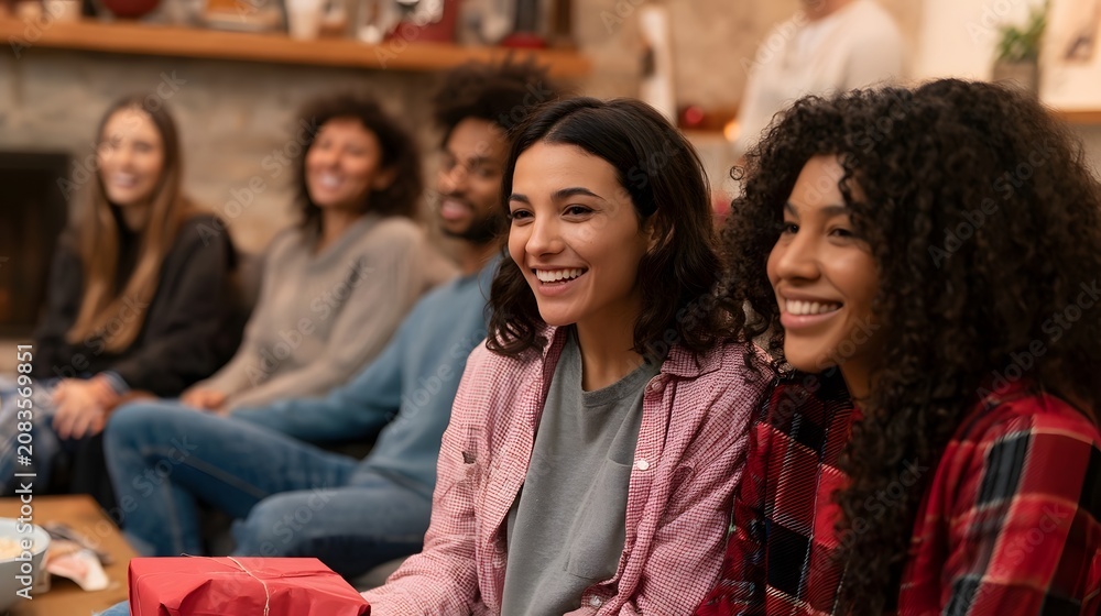 Obraz premium Group of friends smiling together while sitting on couches in warm living room during casual gathering