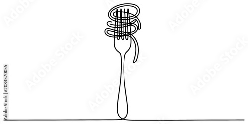 Konstfotografi Continuous single line drawing of a fork with spaghetti pasta noodles wrapped ar