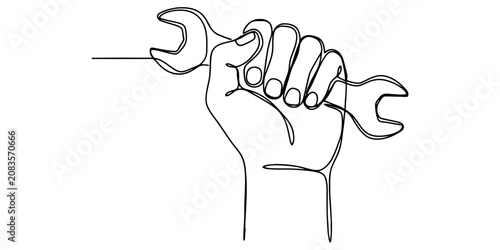 Continuous single line drawing of a human hand holding a metal wrench tool for repair construction and maintenance
