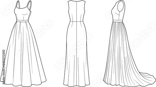 Cuadro en lienzo Fashion technical sketch of a women long evening gown dress from multiple view a
