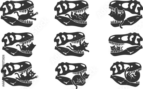 Tablou pe pânză Set of funny black cats getting caught in dinosaur skull jaws