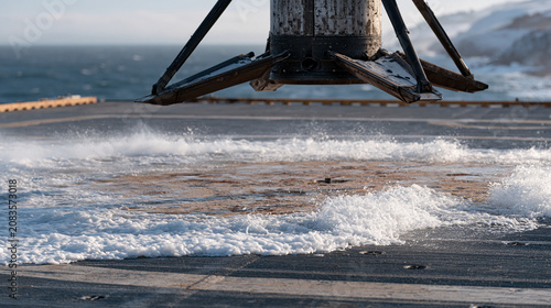 Reusable booster landing legs unfurl in synchronized sequence milliseconds above mobile sea platform, extreme close-up macro detail of hydraulic strut locking pin engaging, sea