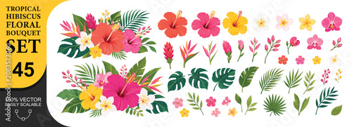 Tableau sur toile Tropical hibiscus floral bouquet set with orchids and exotic leaves