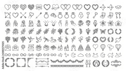 Comprehensive wedding and romance themed line icon collection vector set with marriage celebration anniversary engagement graphics illustration elements ceremony invitation decorations