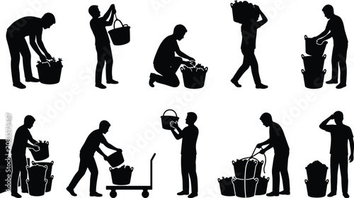 Foto Wind turbine maintenance silhouette set featuring engineers repairing green energy systems, climbing towers, and inspecting wind generators