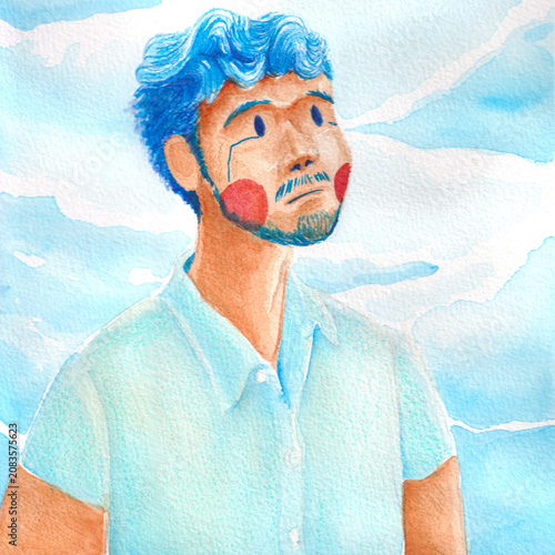 Fotografi Hombre mira al cielo mientras llora, ilustración de acuarela
