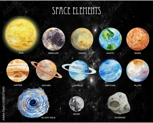 Solar System with Planets and Asteroids Watercolor Illustration