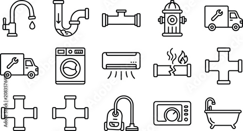 Canvastavla Home plumbing service and appliance repair line icon set featuring pipe maintena