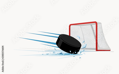 Ice hockey puck flying past goal net with motion blur effect