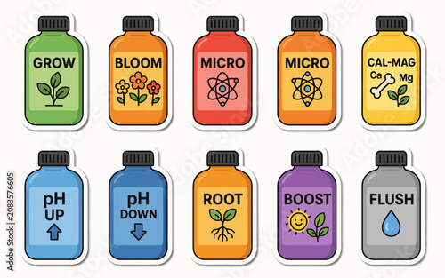 Set of colorful hydroponic nutrient bottles with plant growth labels