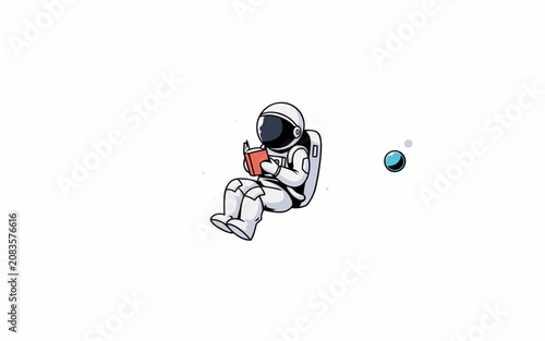 Astronaut sitting in space reading a book with planets floating nearby