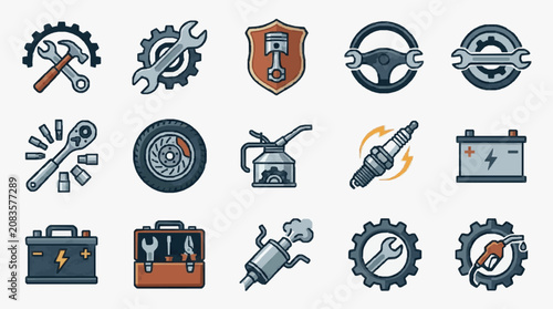 Illustrated Mechanical Tools and Automotive Icons Set.