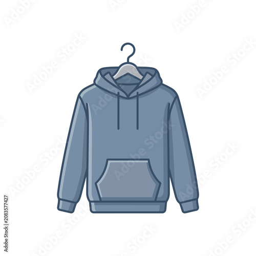 Industrial Style Blue Hoodie with Drawstring and Pocket Hanging on Gray Hanger Minimalist with high quality professional line art symbols for modern creative design and digital branding projects