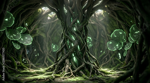 Enchanted Forest Scene with Twisted Ancient Tree and Glowing Green Mushrooms in a Mystical Grove fc470faa-087d-4ab5-bbca-a206f8e2dca4