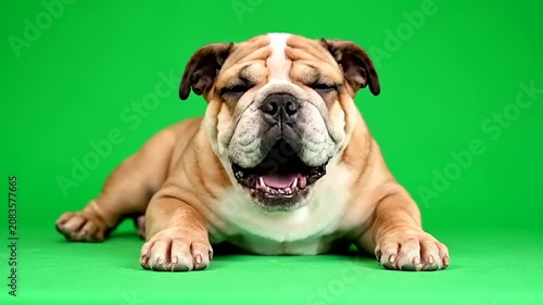 Adorable bulldog with eyes closed and mouth open, lying down on a vibrant green background in a studio portrait