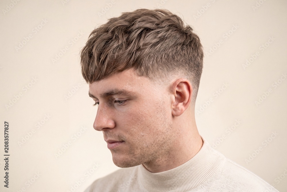 Obraz premium Portrait of a young man with a modern textured crop haircut and a skin fade