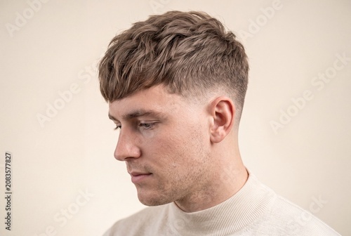 Portrait of a young man with a modern textured crop haircut and a skin fade