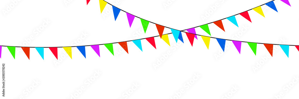Fototapeta premium Colorful Hanging Pennant Flags Garland Border Isolated on White Background