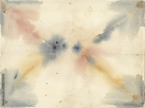 Abstract watercolor painting with soft blue, pink, and yellow washes and fine splatter details