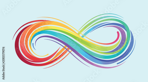 Rainbow infinity symbol with artistic brush strokes on light blue background representing neurodiversity and eternal loop of colorful waves.