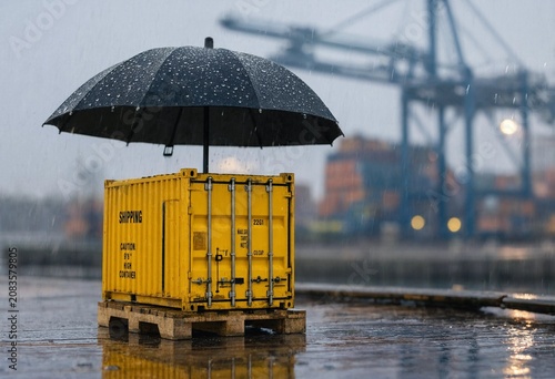Miniature cargo container on pallet beneath umbrella during heavy rain, symbolizing cargo insurance, freight protection, logistics security, risk management, safe transportation, and storage.