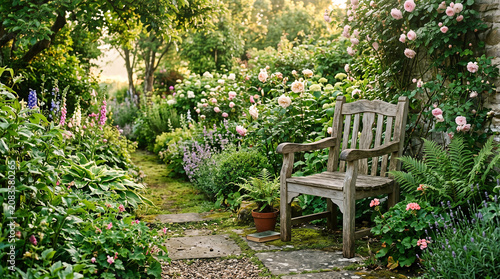 Charming rustic wooden bench amidst a vibrant, blooming garden path at golden hour, enveloped by lush flowers and verdant greenery, creating an inviting, serene natural spot