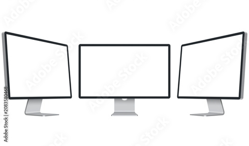 Realistic Three Desktop Monitor Mockup Vector with Empty Display Screens Isolated on White for UI Presentation and Technology Design