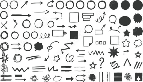 Bild auf Leinwand Hand drawn doodle symbols vector, pencil sketch arrows, circle square star bubbl