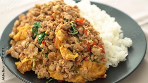 Cuadro en lienzo Fried rice with vegetables and minced meat served on a plate