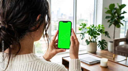 Woman holding mobile phone with green screen mockup in modern apartment, using smartphone for mobile app demo, digital content or remote social media interaction at home.

