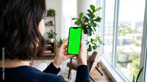Woman holding mobile phone with green screen mockup in modern apartment, person using smartphone for app demo, digital content or remote social communication at home.
