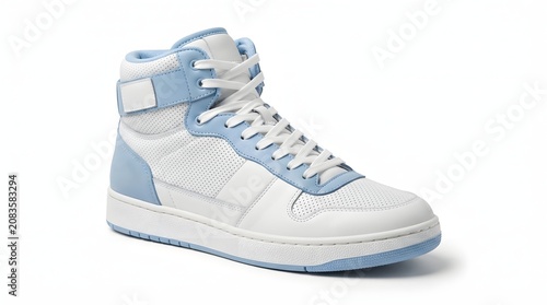 Light blue and white high-top sneaker on a pure white background.