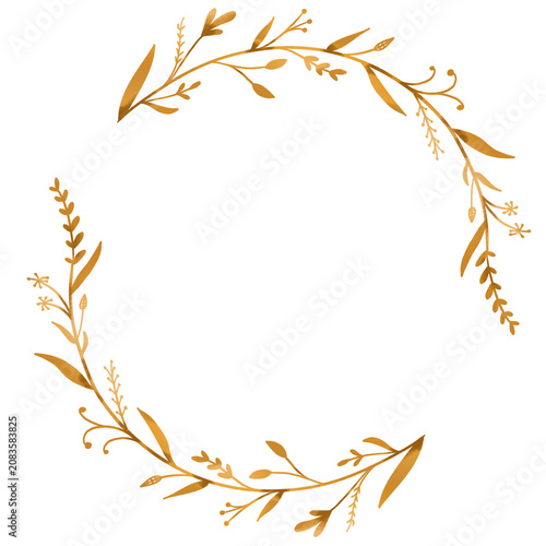 Elegant golden botanical wreath with delicate floral illustration suitable for invitations, cards, stationery, branding, and elegant decorative elements.
