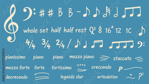 Fotografi A comprehensive digital asset sheet displaying various music theory symbols, including clefs, time signatures, notes, rests, and dynamic markings