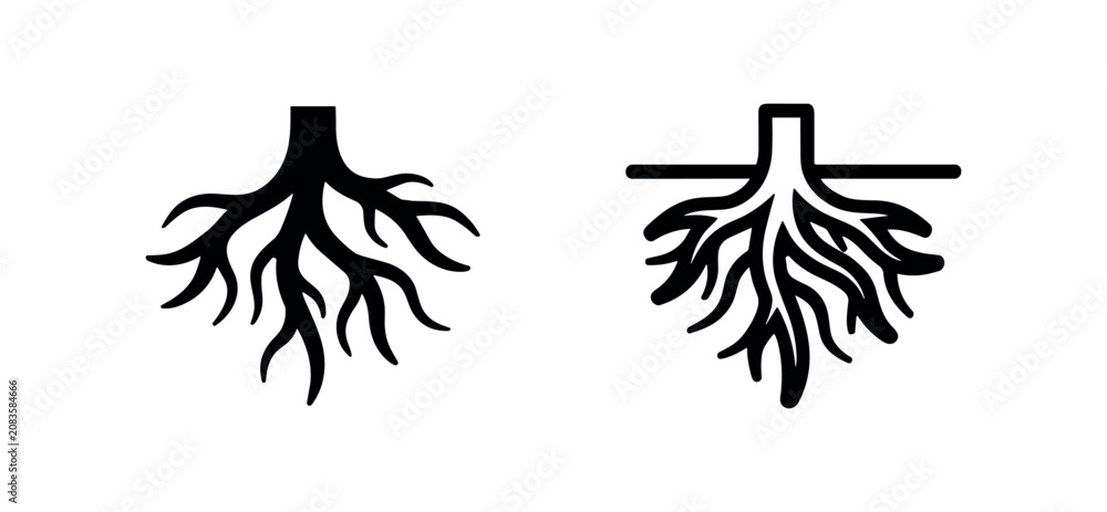 Obraz premium Tree roots with ground line icon set or underground system, depicting a plant's foundation.