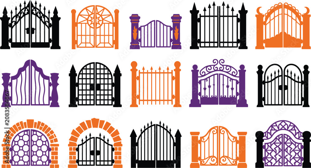 Obraz premium Set of various metal gates and iron fences with classic and modern designs for security and home entry