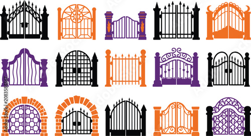 Фотография Set of various metal gates and iron fences with classic and modern designs for s