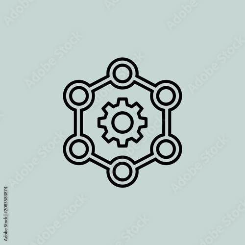 Abstract hexagonal network with central gear icon representing connection and mechanism