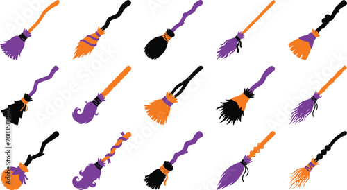 Tableau sur toile Set of colorful halloween witch broomsticks with magical designs for holiday cel