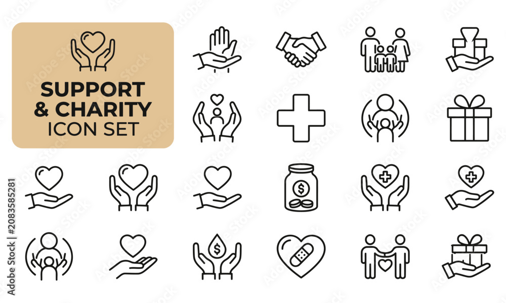 Fototapeta premium Set of support and charity icons showing hands with hearts and gifts for helping people and community welfare