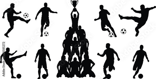 Silhouette soccer players in action with trophy. Football skills silhouettes. Set of soccer player silhouette. 
