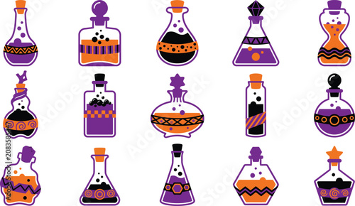 Set of halloween magic potion bottles with colorful liquid and patterns in a flat vector style
