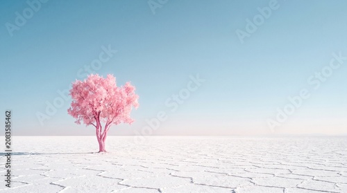 Vibrant pink tree standing alone in the middle of a vast and desolate white salt flat