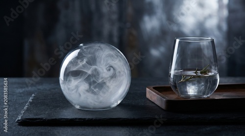A glass dome captures swirling smoke next to a glass of water with rosemary sprig.