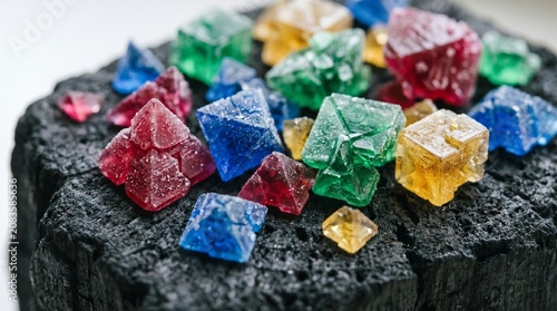 Colorful, faceted mineral crystals of various sizes scattered across a dark, porous rock surface.