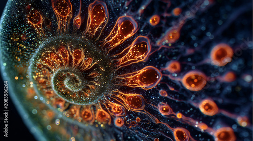 Abstract Spiral Pattern with Glowing Neon Colors and Particles in Dark Background
