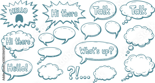 A set of various hand-drawn, teal-colored speech and thought bubbles featuring conversational phrases, isolated on a white background.