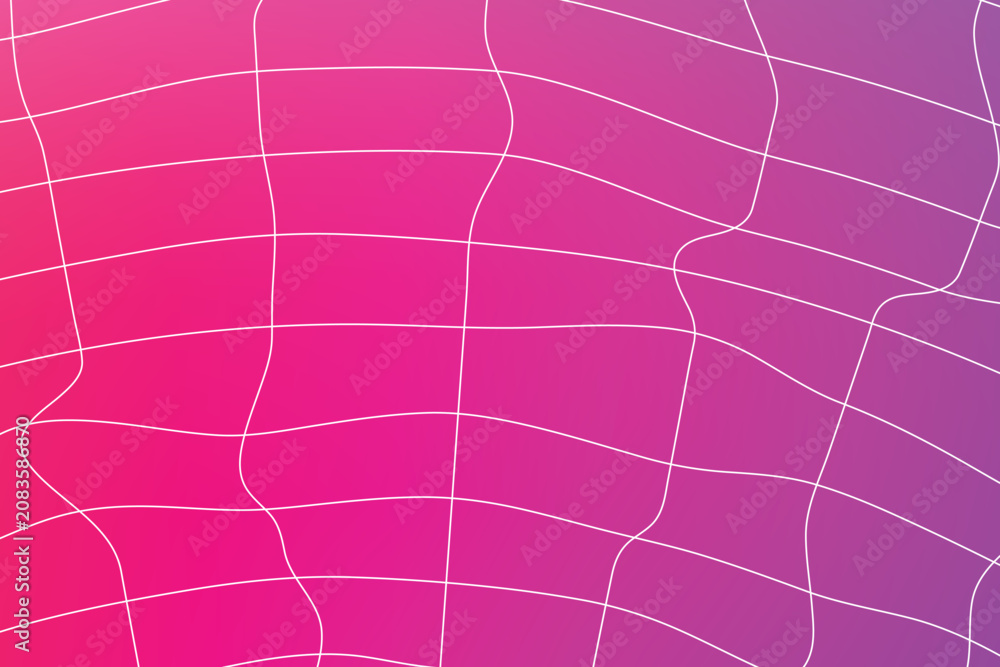 Fototapeta premium Abstract background featuring a distorted grid with a vibrant pink to purple gradient, showcasing flowing wavy lines and a modern digital aesthetic