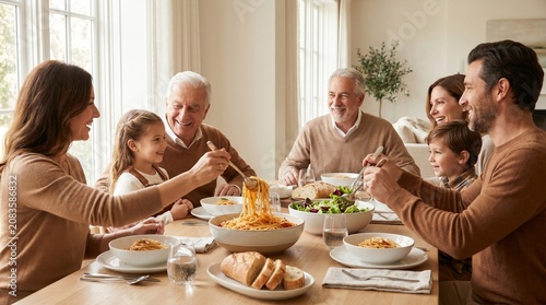 Italian family Sunday lunch, Multigenerational table tradition, Pasta and salad sharing, Warm dining room lifestyle, Cultural family meal
